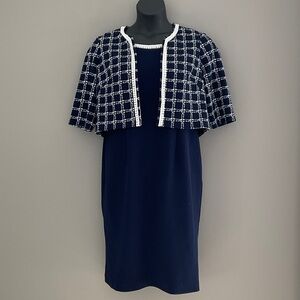 Maya Brooke Blue and White Pearl Pattered Dress and Matching Sweater